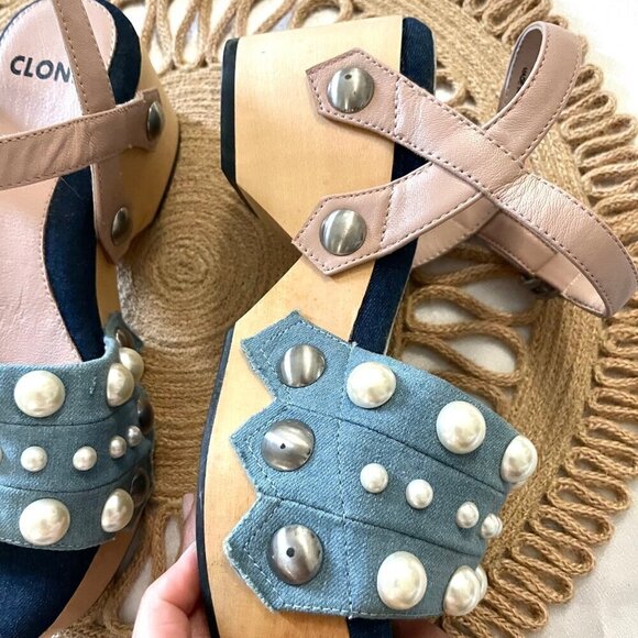 NWOT Clone Pink Pearl Detail Blue Denim Wooden Clog Sandals Size EU 37 - Picture 6 of 12